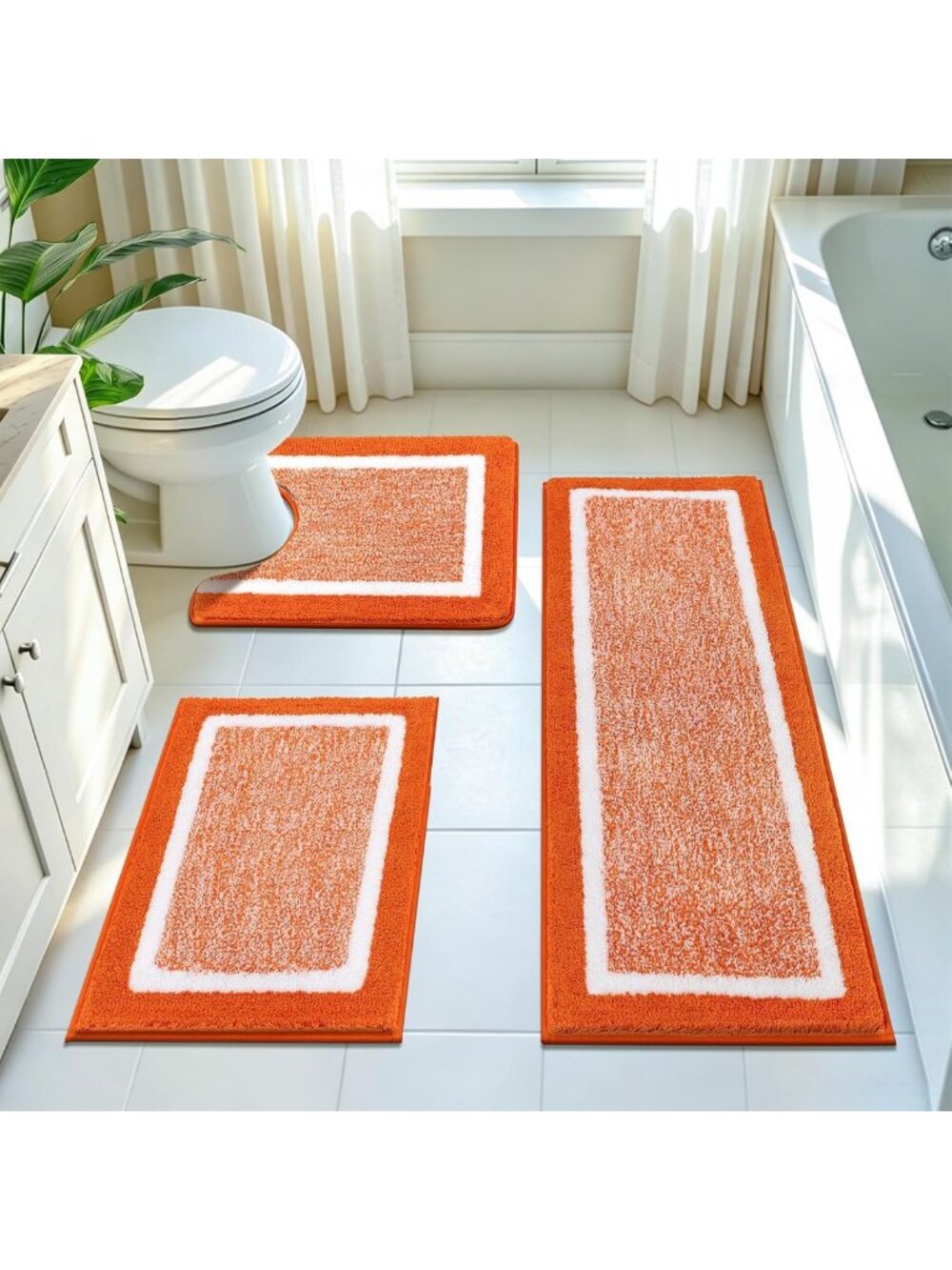 Cozy 3-Piece Non-Slip Bathroom Rug Set, Washable Bath Mats in Vibrant Orange